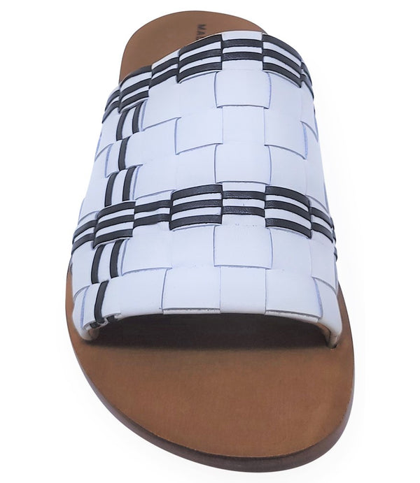 Handmade Italian slide sandal featuring a wide woven upper with interlaced detailing and a flat leather sole. Shown from side and front angles against a clean background.