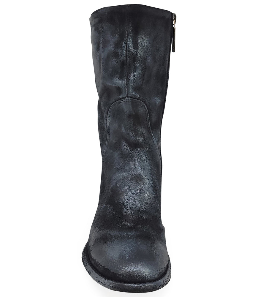 
                      
                        Mid-calf boot with a matte distressed finish, block heel, and rounded toe. Features a relaxed shaft and minimal seam lines.
                      
                    