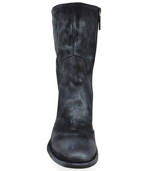 Mid-calf boot with a matte distressed finish, block heel, and rounded toe. Features a relaxed shaft and minimal seam lines.