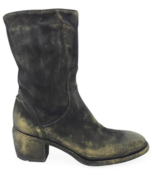 Mid-calf boot with a matte distressed finish, block heel, and rounded toe. Features a relaxed shaft and minimal seam lines.