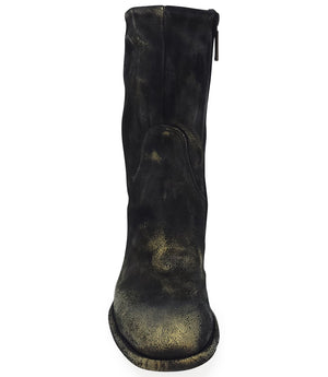 Mid-calf boot with a matte distressed finish, block heel, and rounded toe. Features a relaxed shaft and minimal seam lines.