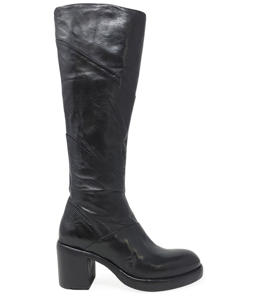 "Knee-high leather boot with structured shaft, rounded toe, and stacked block heel. Designed with minimal stitching and a smooth finish