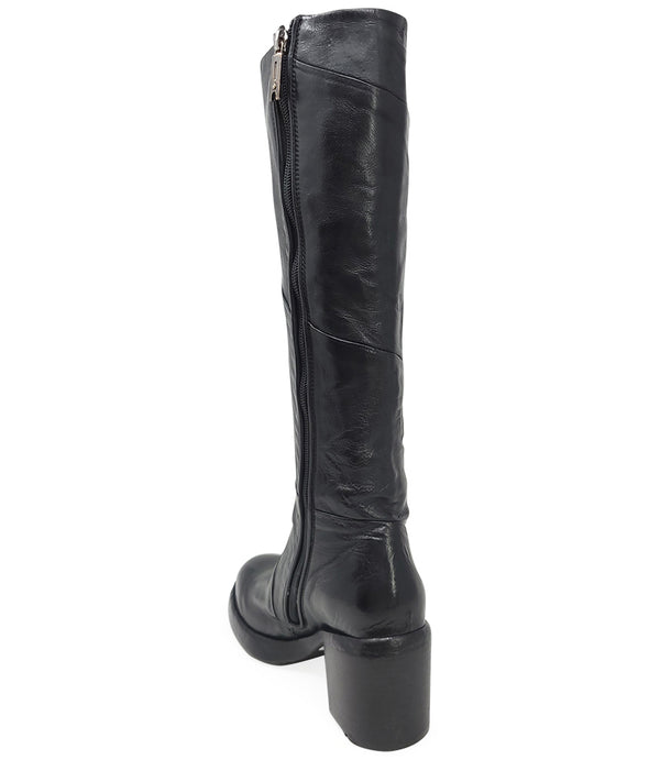 "Knee-high leather boot with structured shaft, rounded toe, and stacked block heel. Designed with minimal stitching and a smooth finish