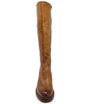 "Knee-high leather boot with structured shaft, rounded toe, and stacked block heel. Designed with minimal stitching and a smooth finish