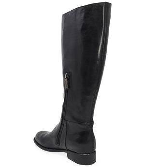 "Knee-high leather boot with structured shaft, rounded toe, and stacked block heel. Designed with minimal stitching and a smooth finish
