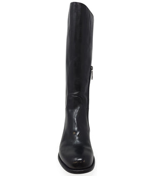 "Knee-high leather boot with structured shaft, rounded toe, and stacked block heel. Designed with minimal stitching and a smooth finish
