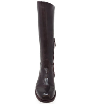 "Knee-high leather boot with structured shaft, rounded toe, and stacked block heel. Designed with minimal stitching and a smooth finish