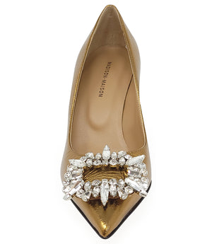 Pointed-toe pump crafted from premium leather with a softly crinkled finish, featuring an embellished jeweled buckle at the toe and a sculpted flared kitten heel. Designed with a leather-lined interior and a leather outsole for comfort and durability. Ele