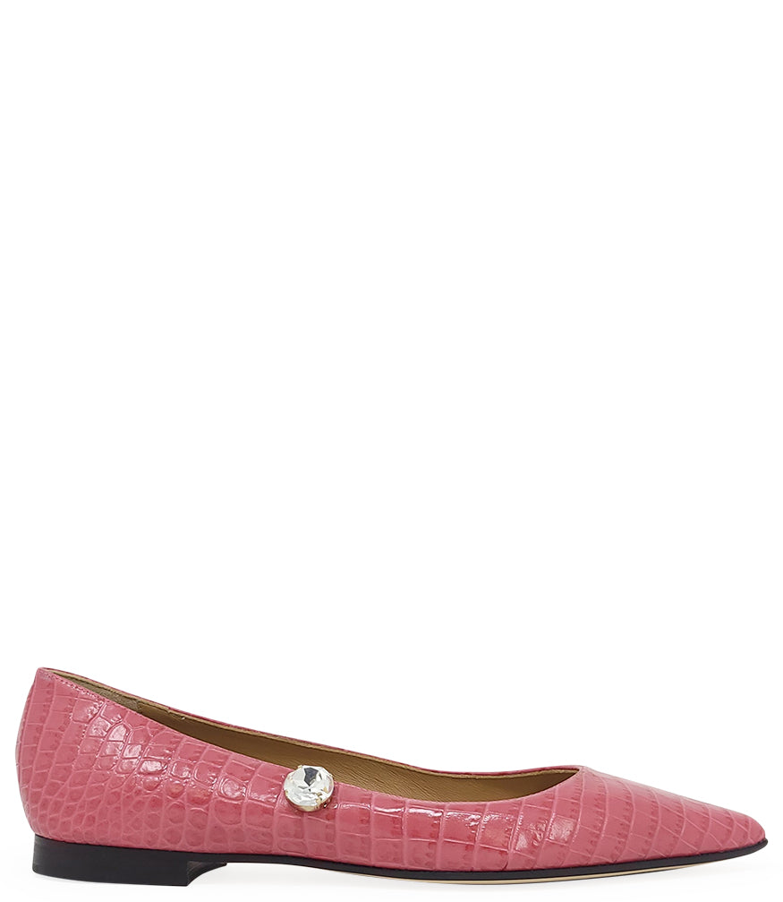 ointed-toe flat crafted from croc-embossed leather, featuring a low stacked heel and a single faceted jewel embellishment near the collar. Designed with a leather-lined interior and a leather outsole for comfort and durability. Sleek, modern silhouette su