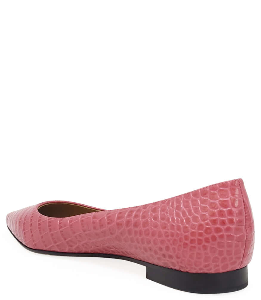 Pink croc-print flat with pointed toe and jeweled strap detail, black low sole