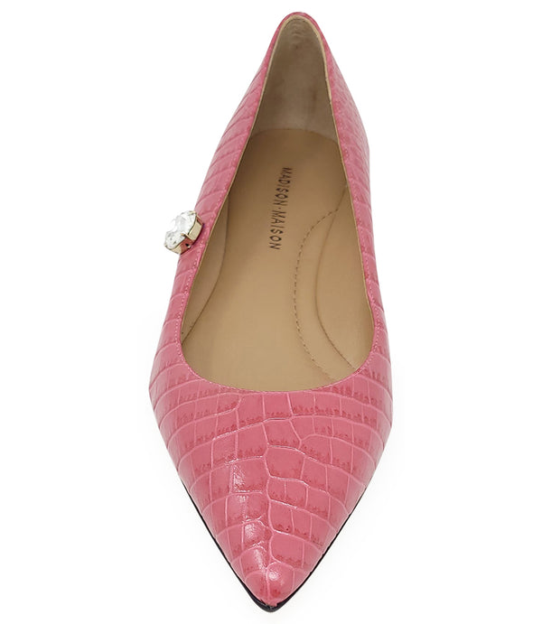 ointed-toe flat crafted from croc-embossed leather, featuring a low stacked heel and a single faceted jewel embellishment near the collar. Designed with a leather-lined interior and a leather outsole for comfort and durability. Sleek, modern silhouette su