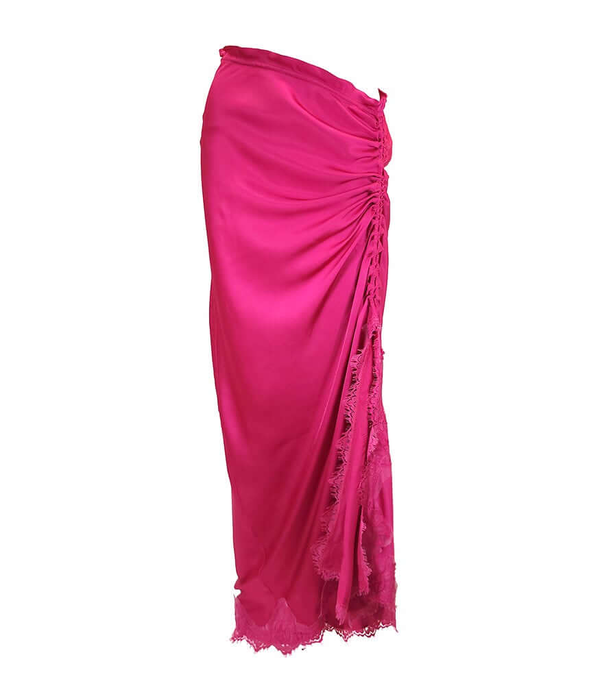 Fuchsia drawstring maxi skirt with ruched waist and lace trim hem