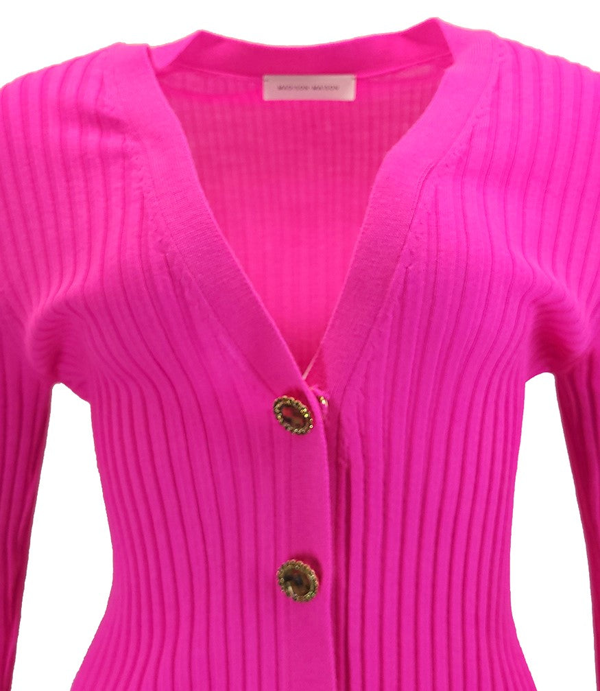 Madison Maison Fuchsia Wool Ribbed Cardigan With Jewel Buttons - MADISON MAISON