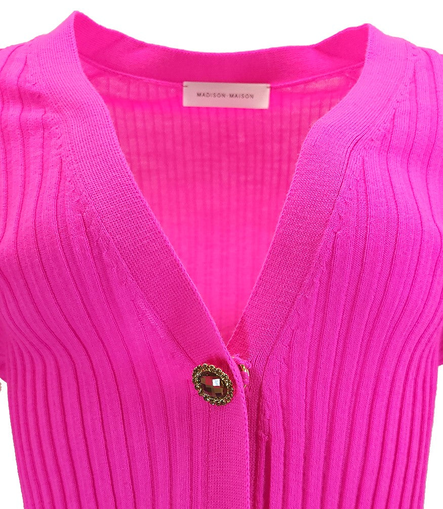 Madison Maison Fuchsia Wool Ribbed Cardigan With Jewel Buttons - MADISON MAISON