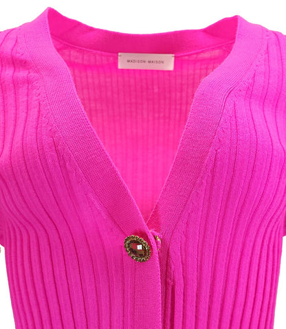 Madison Maison Fuchsia Wool Ribbed Cardigan With Jewel Buttons - MADISON MAISON