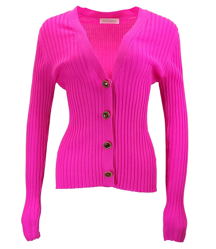 Madison Maison Fuchsia Wool Ribbed Cardigan With Jewel Buttons - MADISON MAISON