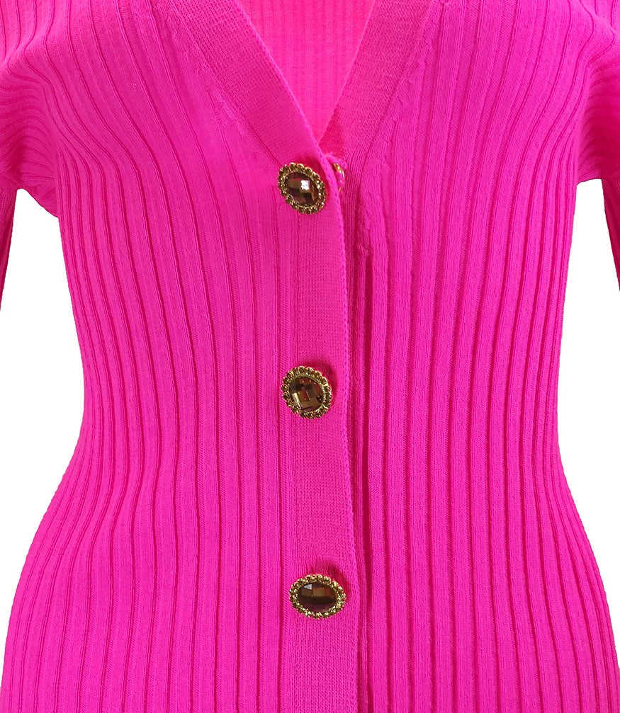 Madison Maison Fuchsia Wool Ribbed Cardigan With Jewel Buttons - MADISON MAISON