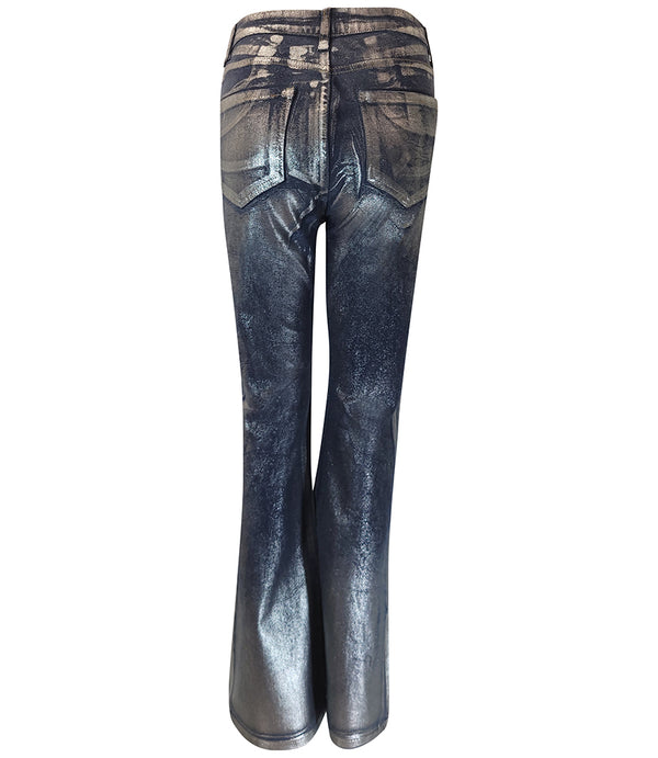 Women's straight-leg jeans made in Italy from coated stretch denim, featuring a high-rise fit and glossy foil finish for a bold, fashion-forward look.