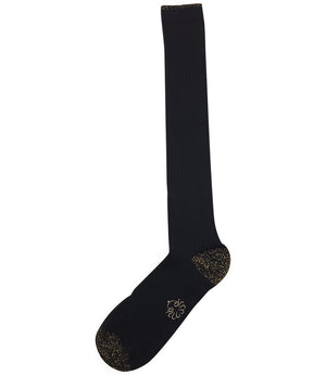 A mid-calf knit sock featuring a mix of textured panels, ribbed leg section, and bold horizontal stripes around the arch and cuff.