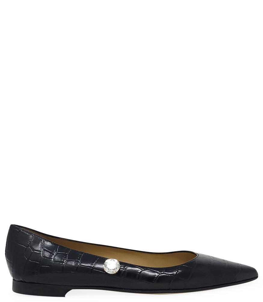 ointed-toe flat crafted from croc-embossed leather, featuring a low stacked heel and a single faceted jewel embellishment near the collar. Designed with a leather-lined interior and a leather outsole for comfort and durability. Sleek, modern silhouette su