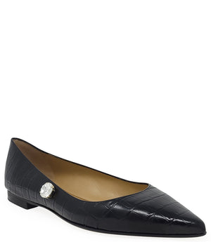 ointed-toe flat crafted from croc-embossed leather, featuring a low stacked heel and a single faceted jewel embellishment near the collar. Designed with a leather-lined interior and a leather outsole for comfort and durability. Sleek, modern silhouette su