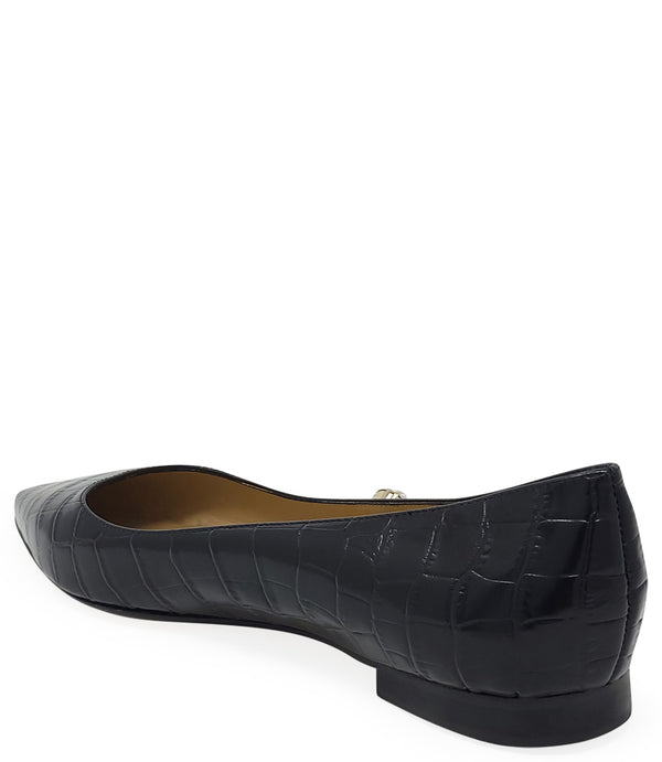 ointed-toe flat crafted from croc-embossed leather, featuring a low stacked heel and a single faceted jewel embellishment near the collar. Designed with a leather-lined interior and a leather outsole for comfort and durability. Sleek, modern silhouette su