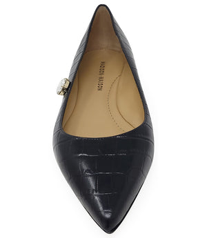 ointed-toe flat crafted from croc-embossed leather, featuring a low stacked heel and a single faceted jewel embellishment near the collar. Designed with a leather-lined interior and a leather outsole for comfort and durability. Sleek, modern silhouette su