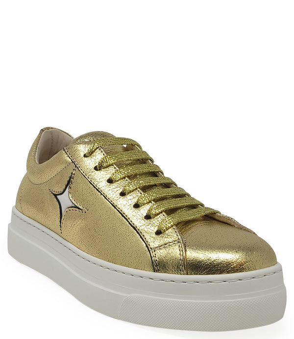 Low-top luxury sneaker featuring a smooth leather upper with a metallic finish, a signature star-shaped side detail, padded collar, lace-up front, and a thick rubber platform sole. Designed with a leather-lined interior and cushioned footbed for enhanced