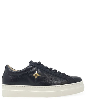 Low-top luxury sneaker featuring a smooth leather upper with a metallic finish, a signature star-shaped side detail, padded collar, lace-up front, and a thick rubber platform sole. Designed with a leather-lined interior and cushioned footbed for enhanced