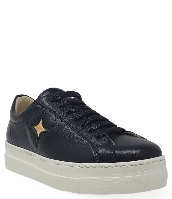 Low-top luxury sneaker featuring a smooth leather upper with a metallic finish, a signature star-shaped side detail, padded collar, lace-up front, and a thick rubber platform sole. Designed with a leather-lined interior and cushioned footbed for enhanced