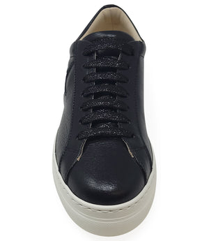 Low-top luxury sneaker featuring a smooth leather upper with a metallic finish, a signature star-shaped side detail, padded collar, lace-up front, and a thick rubber platform sole. Designed with a leather-lined interior and cushioned footbed for enhanced