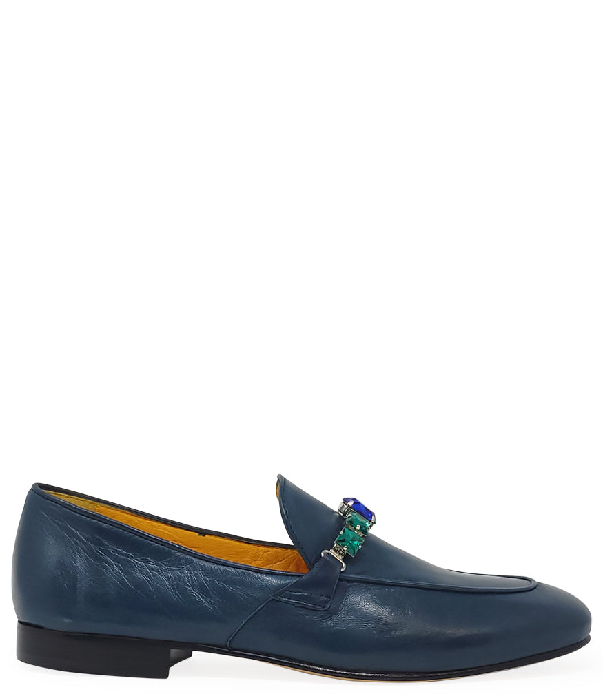 Madison Maison Blue Leather Flat Jeweled Loafer - MADISON MAISON