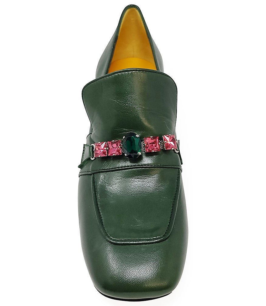 Madison Maison Green Leather Mid Heel Jeweled Loafer - MADISON MAISON