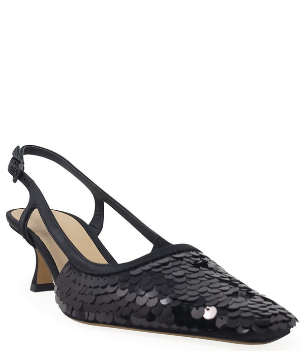 Handcrafted slingback shoe with sequin embellishments, low heel, and pointed toe design. Features an adjustable ankle strap and a textured surface for added visual interest