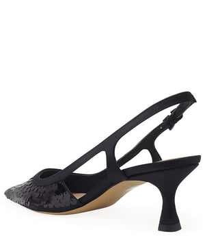 Handcrafted slingback shoe with sequin embellishments, low heel, and pointed toe design. Features an adjustable ankle strap and a textured surface for added visual interest