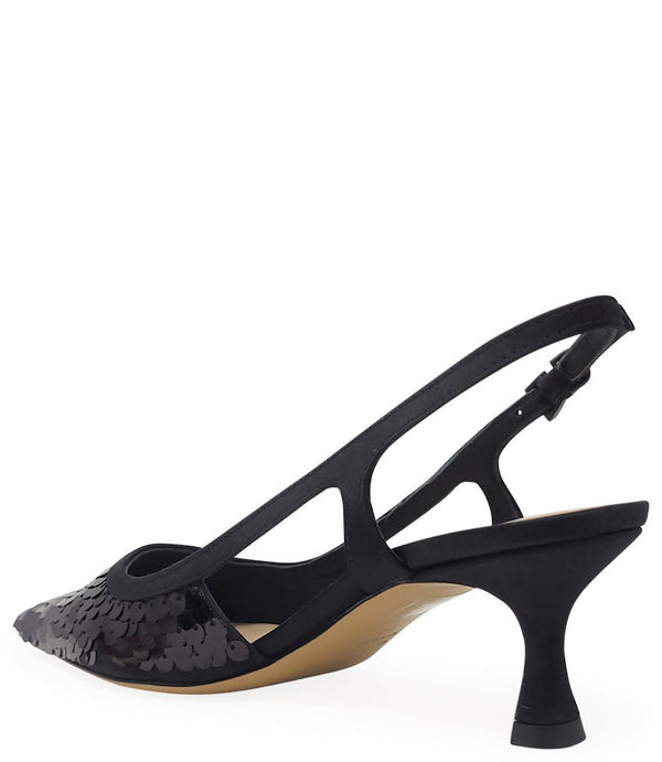 Handcrafted slingback shoe with sequin embellishments, low heel, and pointed toe design. Features an adjustable ankle strap and a textured surface for added visual interest
