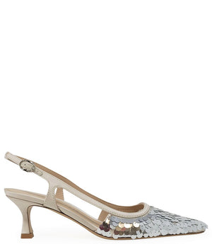 Handcrafted slingback shoe with sequin embellishments, low heel, and pointed toe design. Features an adjustable ankle strap and a textured surface for added visual interest