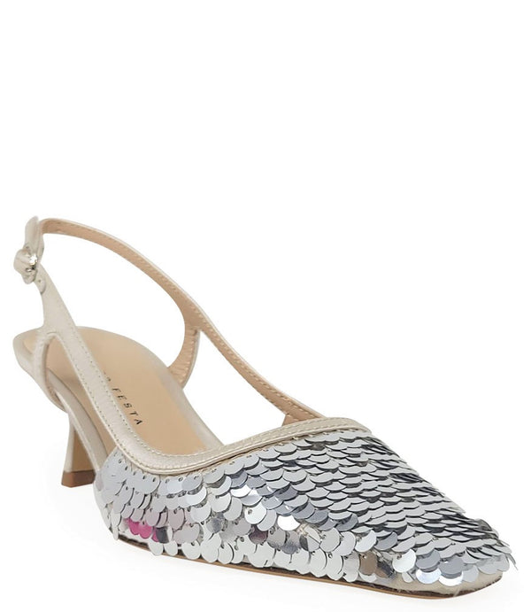 Handcrafted slingback shoe with sequin embellishments, low heel, and pointed toe design. Features an adjustable ankle strap and a textured surface for added visual interest