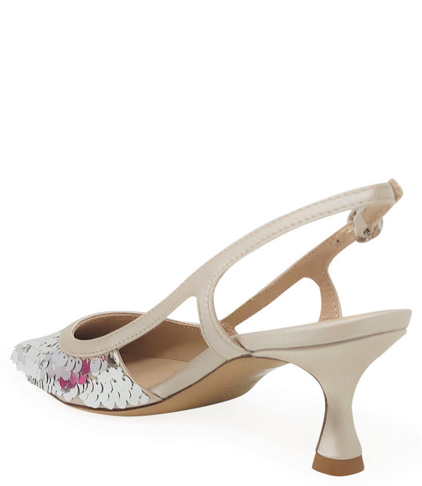 Handcrafted slingback shoe with sequin embellishments, low heel, and pointed toe design. Features an adjustable ankle strap and a textured surface for added visual interest
