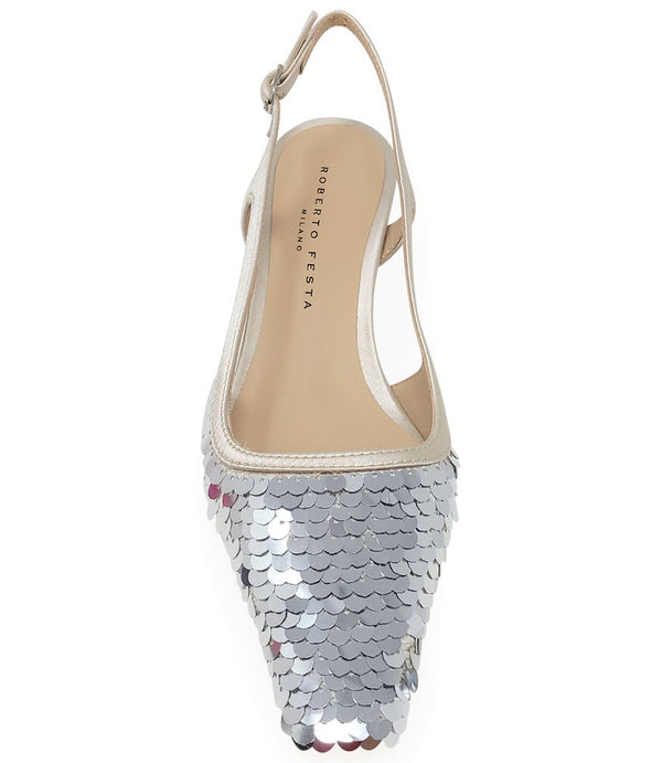 Handcrafted slingback shoe with sequin embellishments, low heel, and pointed toe design. Features an adjustable ankle strap and a textured surface for added visual interest