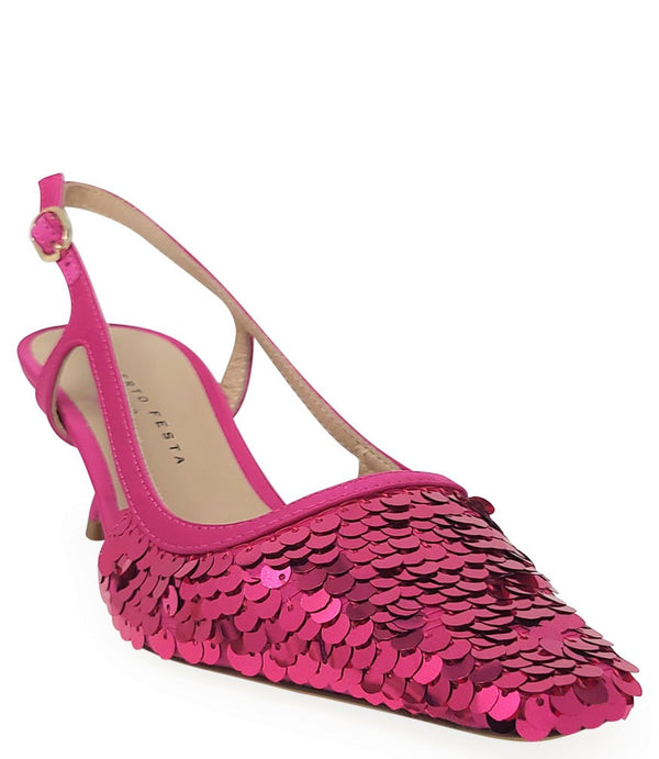 Handcrafted slingback shoe with sequin embellishments, low heel, and pointed toe design. Features an adjustable ankle strap and a textured surface for added visual interest