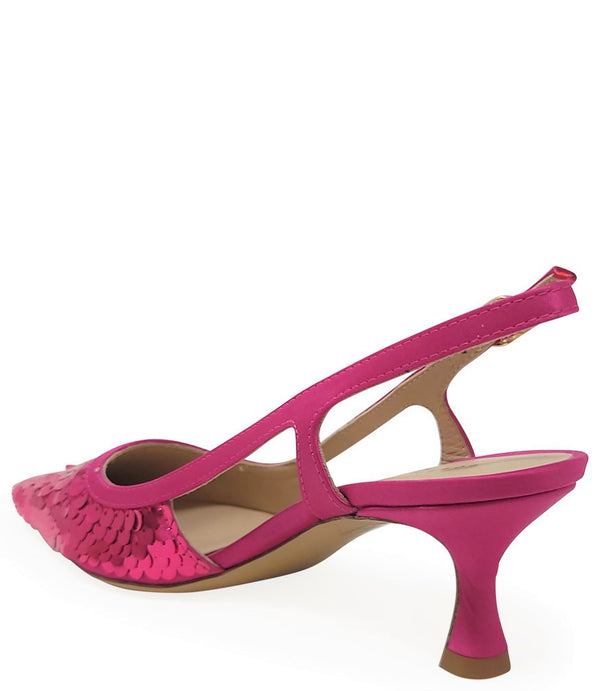 Handcrafted slingback shoe with sequin embellishments, low heel, and pointed toe design. Features an adjustable ankle strap and a textured surface for added visual interest