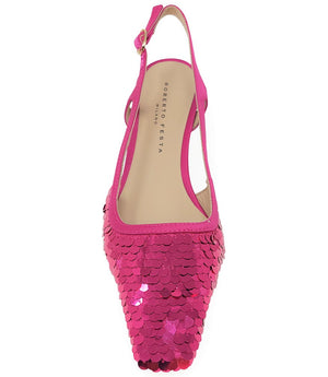 Handcrafted slingback shoe with sequin embellishments, low heel, and pointed toe design. Features an adjustable ankle strap and a textured surface for added visual interest