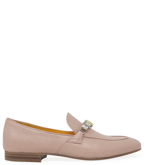 A leather loafer with a low stacked heel and rounded toe, featuring a decorative band adorned with faceted gemstone-style embellishments across the upper. Designed by Madison in Beverly Hills and handcrafted in Italy