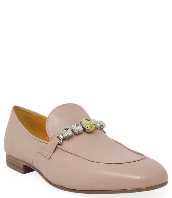 A leather loafer with a low stacked heel and rounded toe, featuring a decorative band adorned with faceted gemstone-style embellishments across the upper. Designed by Madison in Beverly Hills and handcrafted in Italy