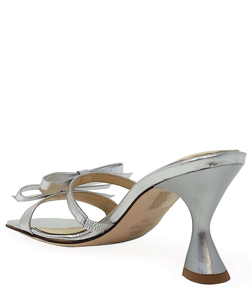 Silver strappy high-heel sandal with two buckle straps and pointed toe