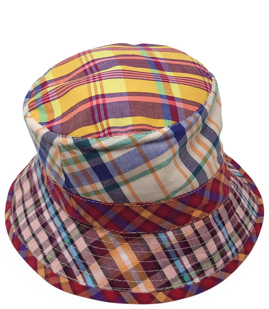 Multicolor plaid cotton hat with small brim and stitched top crown panel