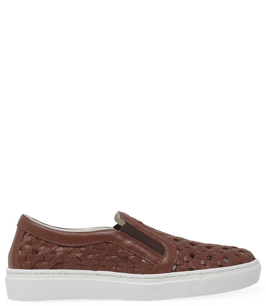 Handmade Italian slip-on sneaker featuring a woven leather upper, elastic side panels for flexibility, and a contrasting flat sole. Shown from multiple angles against a clean background.