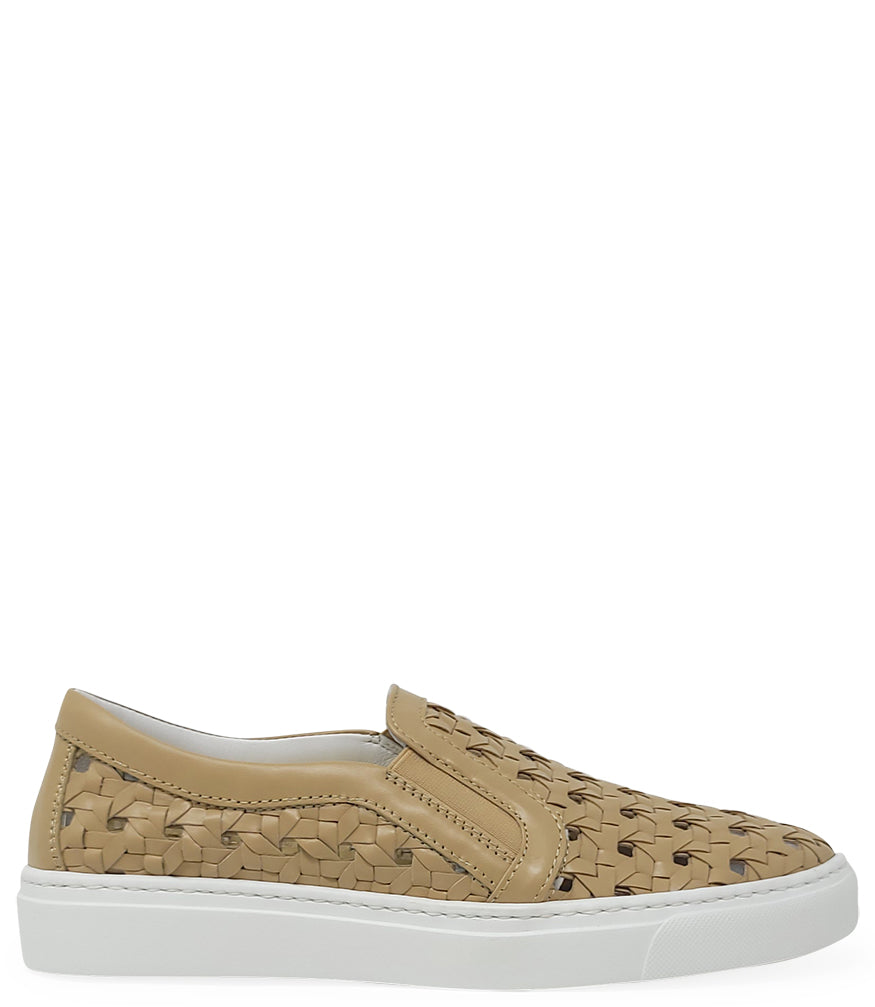 Handmade Italian slip-on sneaker featuring a woven leather upper, elastic side panels for flexibility, and a contrasting flat sole. Shown from multiple angles against a clean background.
