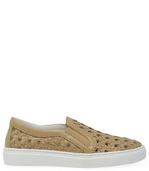 Handmade Italian slip-on sneaker featuring a woven leather upper, elastic side panels for flexibility, and a contrasting flat sole. Shown from multiple angles against a clean background.